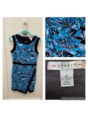 AA Studio Sheath Dress Blue Leaf Print Asymmetrical Hem Size 6